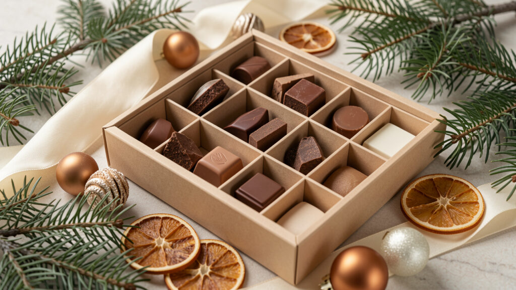 Assortiment de chocolats disposés dans un calendrier de l’Avent décoratif, entouré de branches de pin, d’un ruban crème et d’ornements hivernaux.