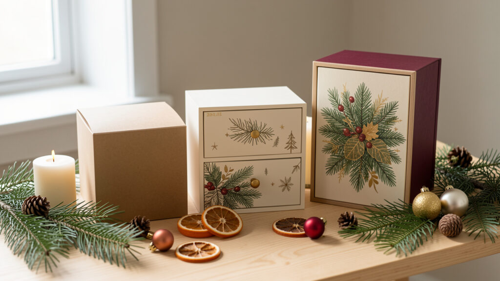 Composition éditoriale sobre présentant plusieurs calendriers de l’Avent décoratifs aux styles variés, entourés de branches de pin, de bougies et d’ornements saisonniers.