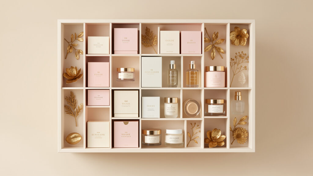 Composition éditoriale sobre présentant un coffret de calendrier de l’Avent cosmétique décoré de petits emballages pastel, de flacons de soins et d’éléments botaniques dorés.