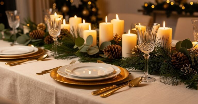 Table de Noël élégante dressée avec centre de table en eucalyptus, bougies ivoire et couverts dorés
