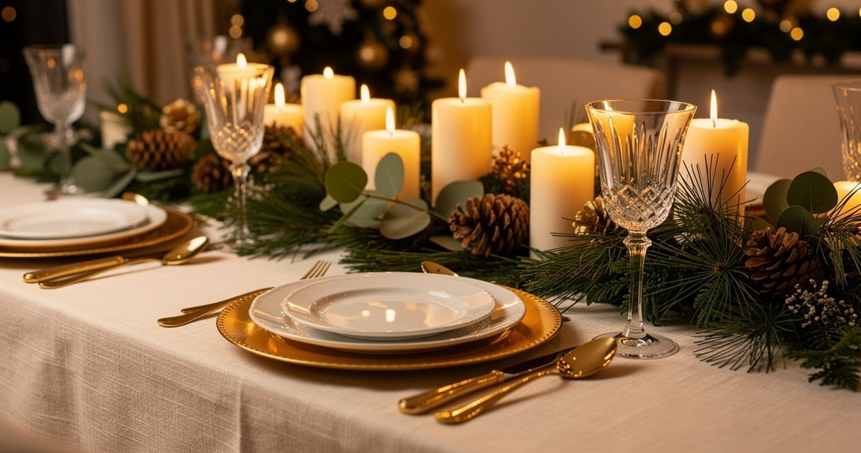 Table de Noël élégante dressée avec centre de table en eucalyptus, bougies ivoire et couverts dorés