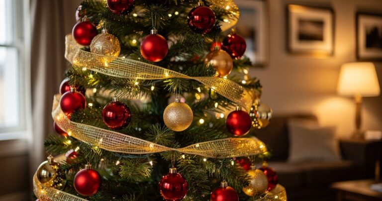 Sapin de Noël décoré avec des boules rouges et dorées dans un salon chaleureux