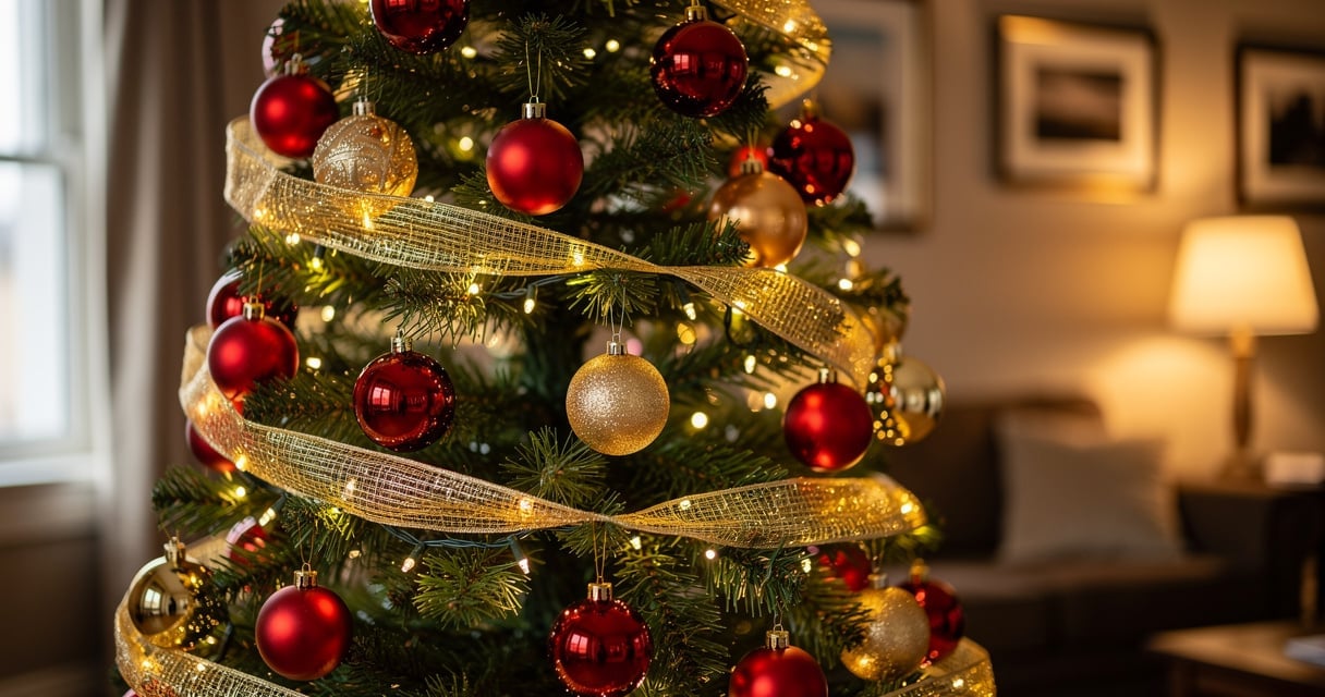 Sapin de Noël décoré avec des boules rouges et dorées dans un salon chaleureux