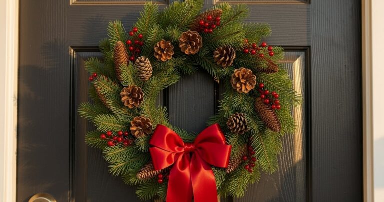 Couronne de Noël fait maison suspendue à une porte en bois