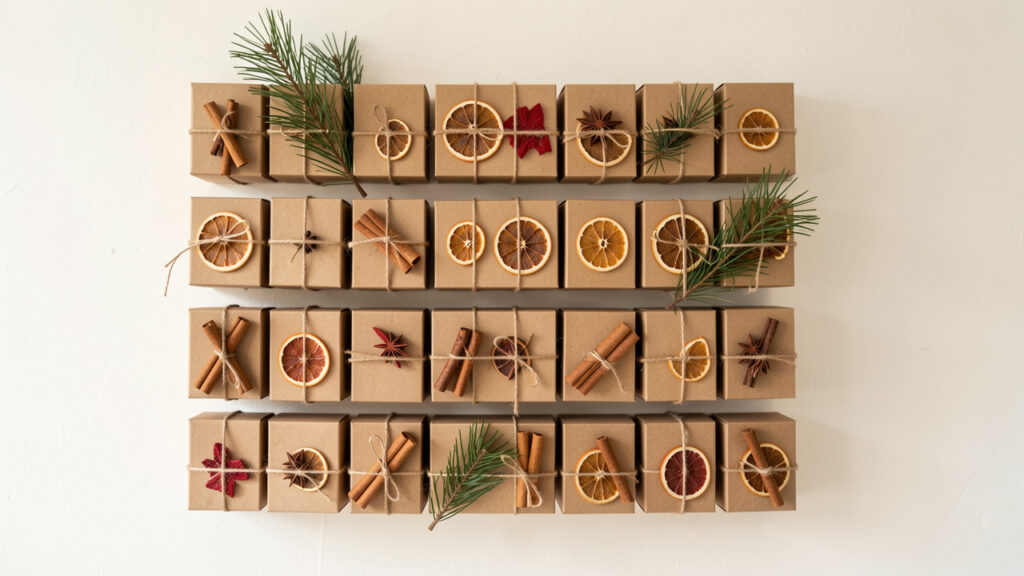 Calendrier de l’Avent fait main composé de petites boîtes en papier kraft, décoré de ficelle, de branches de pin, de rondelles d’orange séchées et de bâtons de cannelle.
