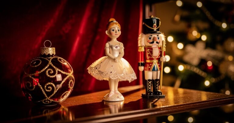 Collection de figurines de Noël sur une étagère en bois sombre avec éclairage chaud