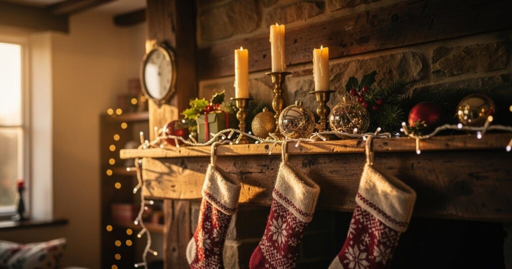 Décorations de Noël Gisela Graham vintage sur une cheminée de cottage anglais