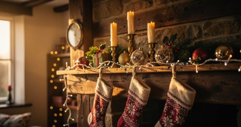 Décorations de Noël Gisela Graham vintage sur une cheminée de cottage anglais