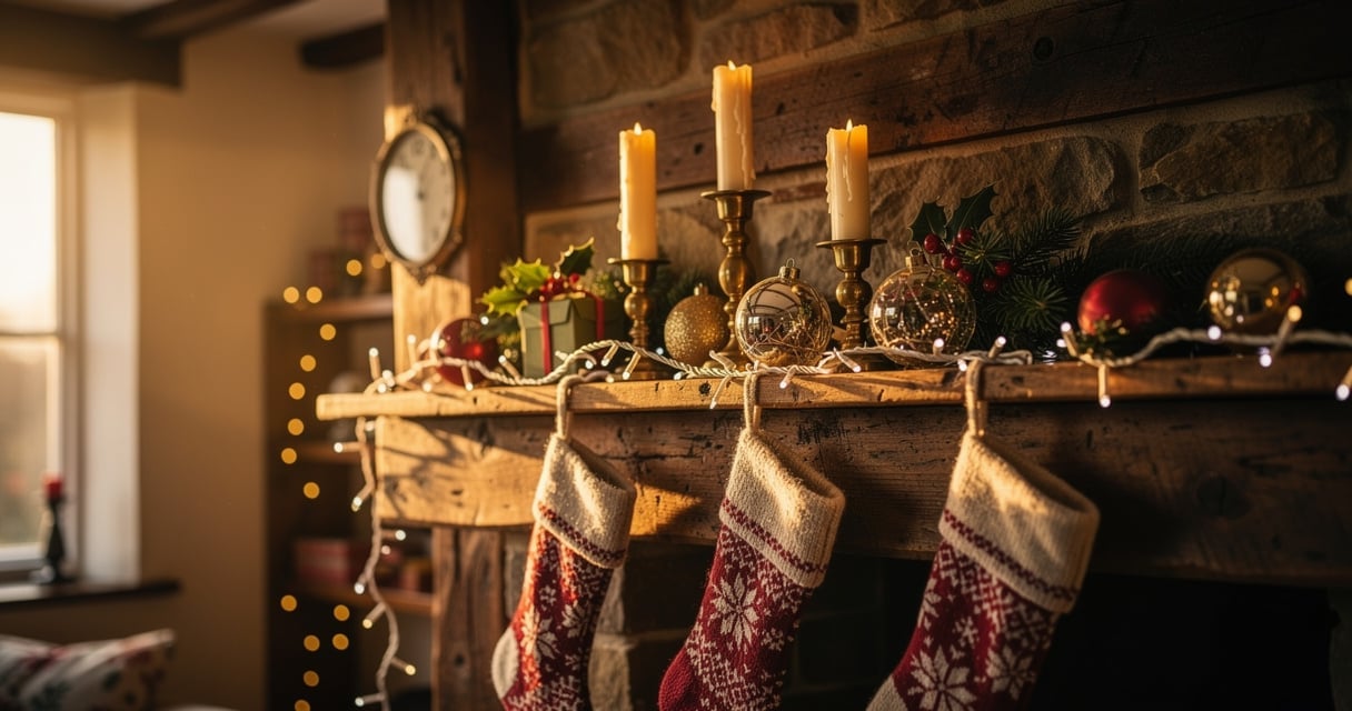 Décorations de Noël Gisela Graham vintage sur une cheminée de cottage anglais
