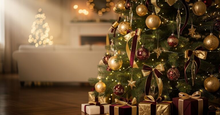 Sapin de Noël décoré avec des ornements artistiques de la marque Goodwill