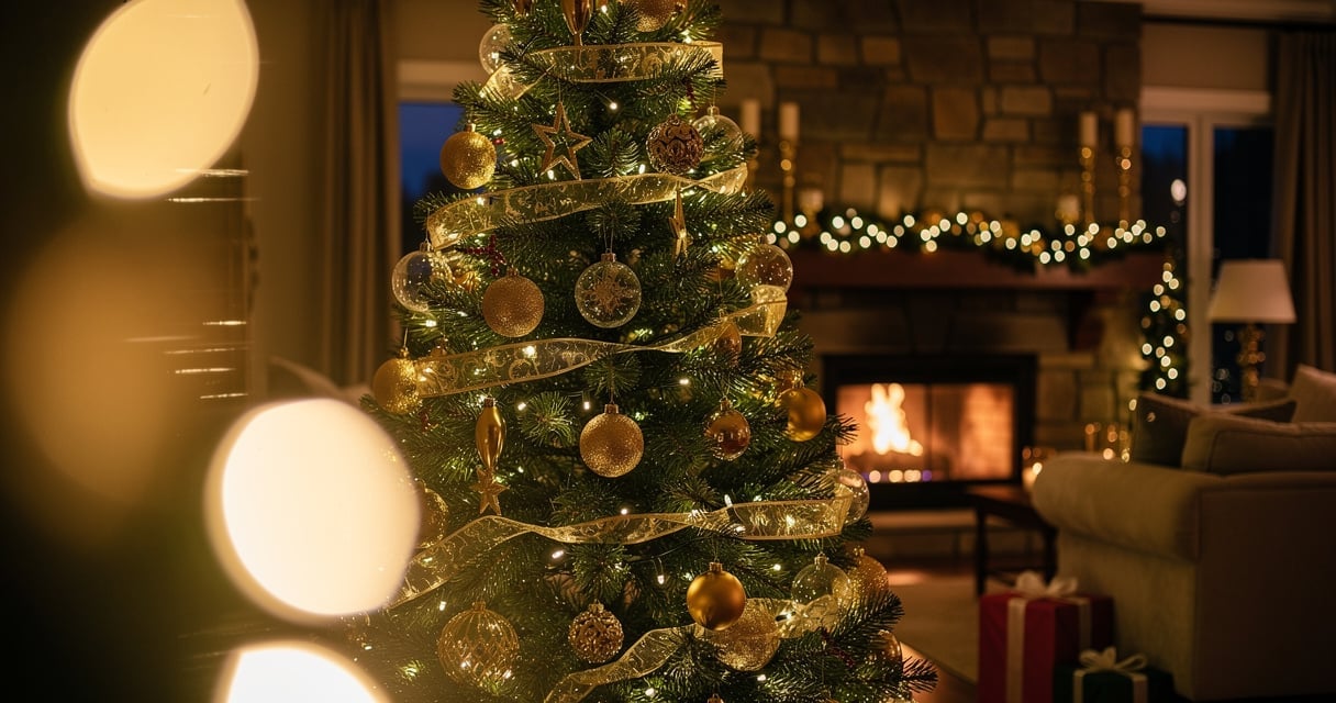 Sapin de Noel illumine par une guirlande LED blanc chaud dans un salon chaleureux