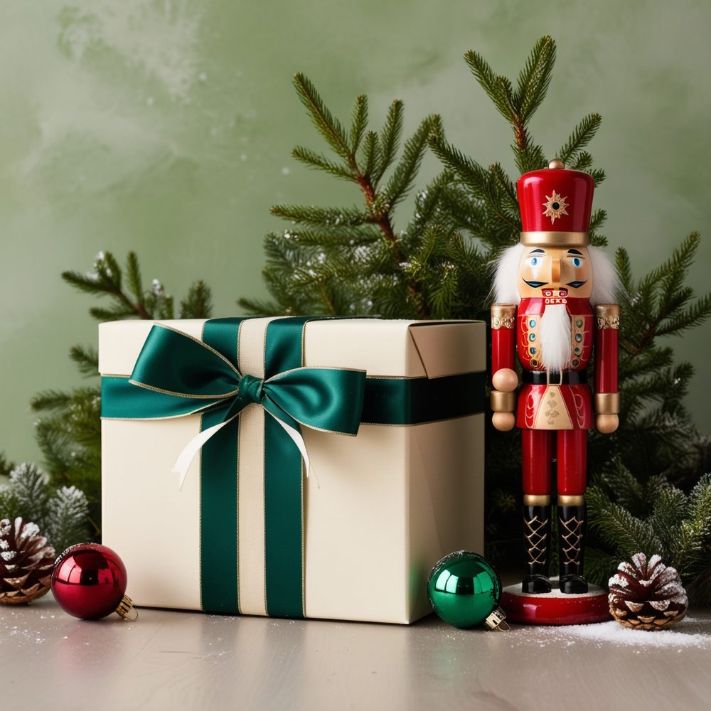 Figurine de Casse-Noisette entourée de paquets cadeaux et de décorations de fête.