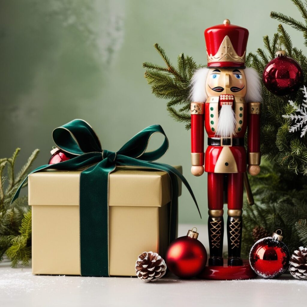Casse-Noisette décoratif posé près de cadeaux de Noël sous un sapin illuminé.