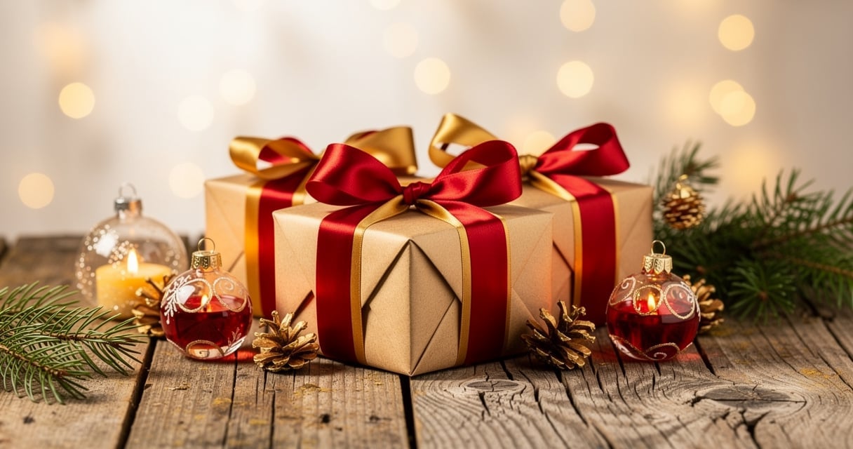 Cadeaux de Noël élégamment emballés entourés d ornements artisanaux pour amoureux de décoration
