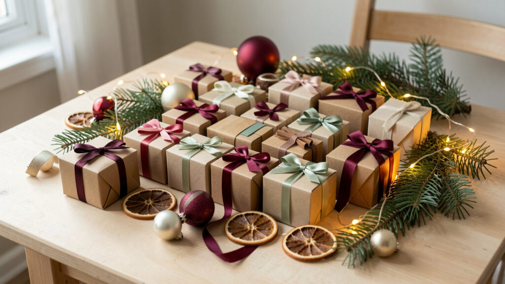 Composition décorative sobre avec de petites boîtes cadeaux, des ornements de Noël, des rubans, des branches de pin et des guirlandes lumineuses autour d’un calendrier de l’Avent.