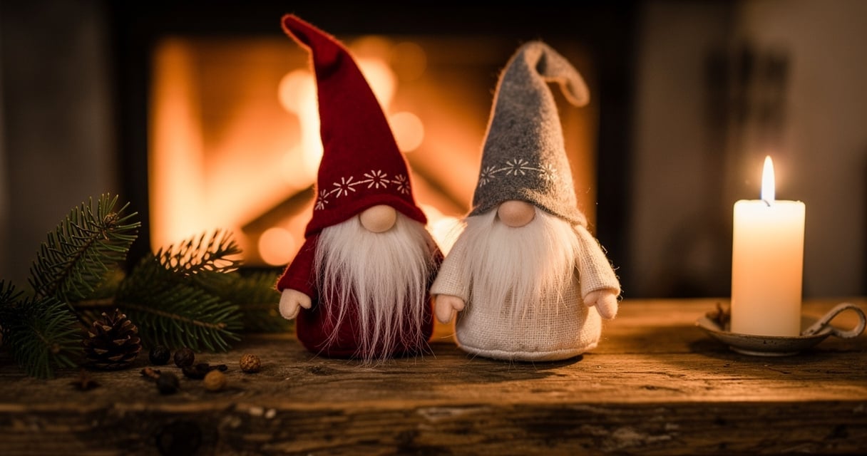 Trois lutins de Noël scandinaves posés sur un manteau de cheminée en bois avec branches de sapin et bougie
