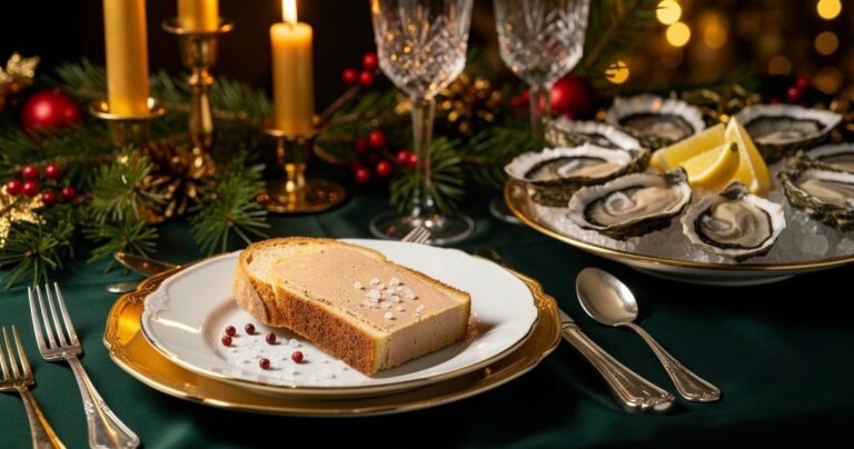 Table de réveillon de Noël élégante avec foie gras sur toasts briochés et plateau d'huîtres fraîches sur glace, ambiance festive aux chandelles