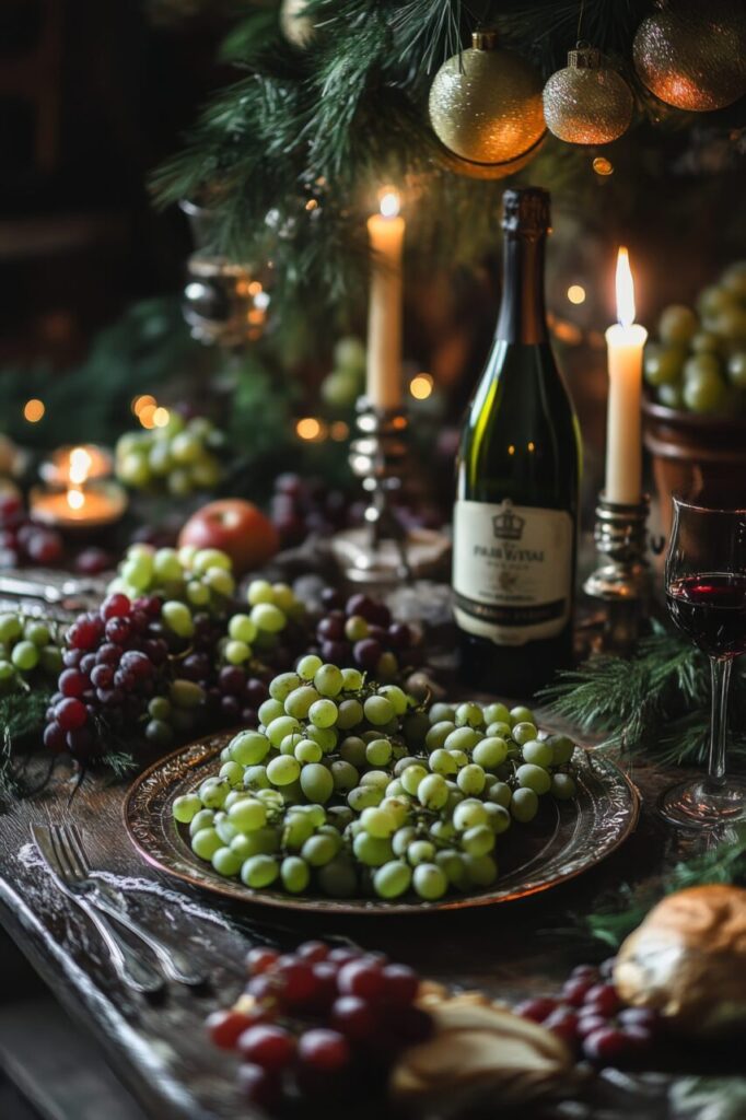 Bouteille de muscat de Noël servie avec des verres sur une table de fête.