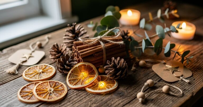 Décoration de Noël naturelle avec pommes de pin, cannelle, oranges séchées et branches d eucalyptus sur table en bois