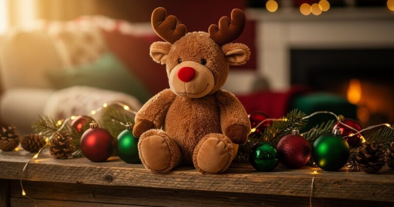 Peluche Rudolph le renne au nez rouge sur une cheminée décorée pour Noël
