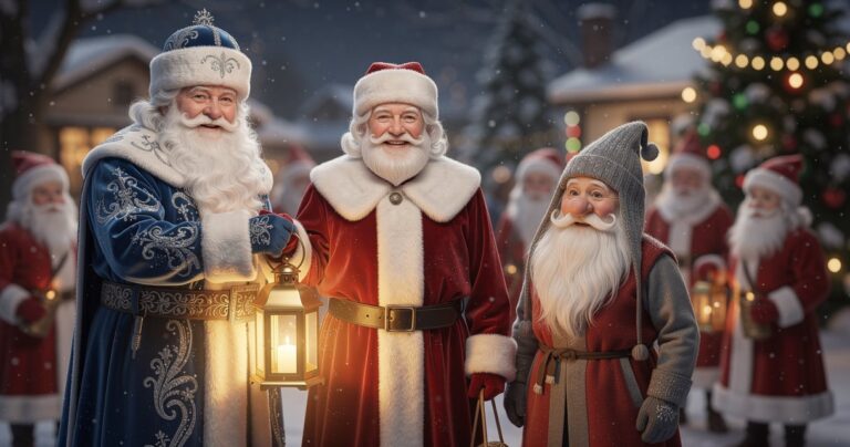 Différentes représentations du père Noël à travers les traditions du monde réunies dans un décor enneigé