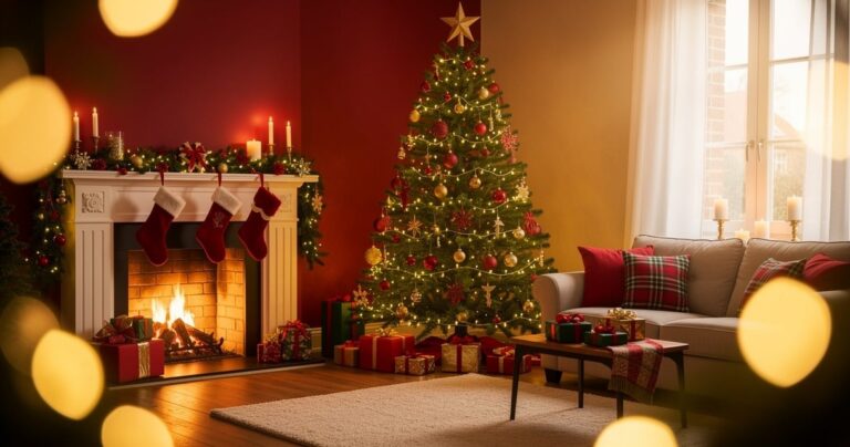 Salon décoré pour Noël avec sapin illuminé, cheminée et guirlandes dorées