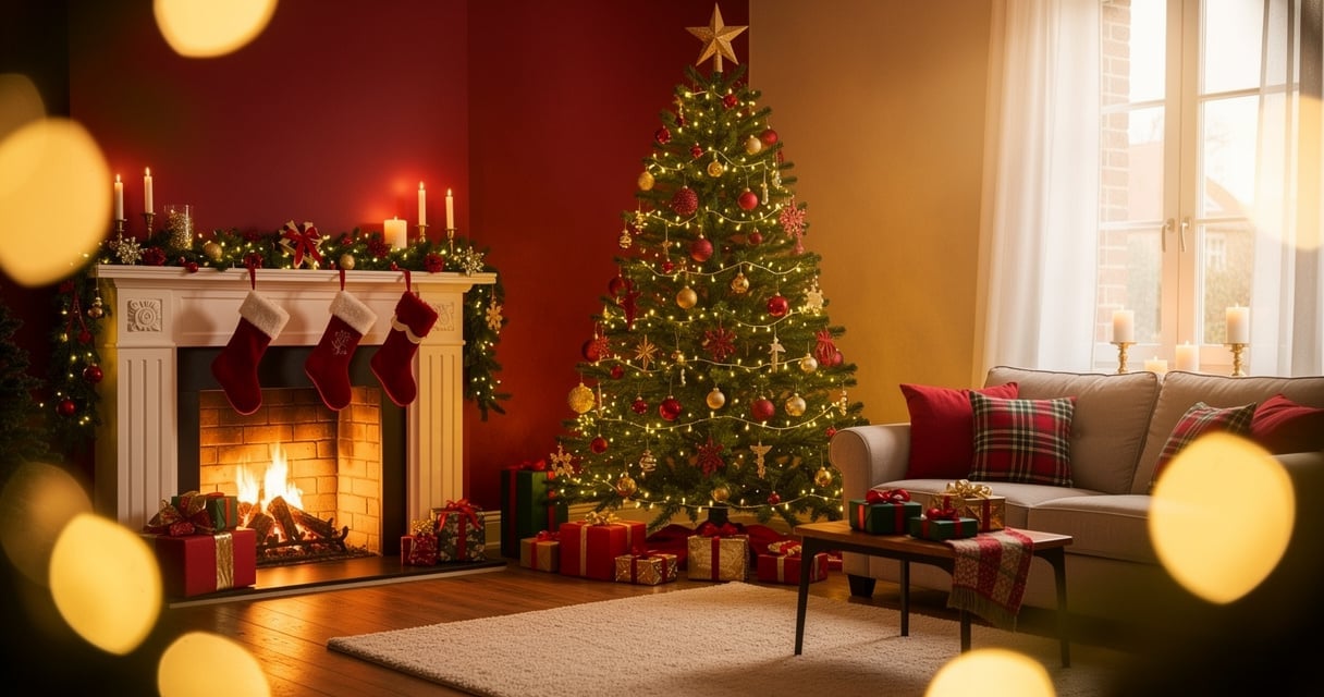 Salon décoré pour Noël avec sapin illuminé, cheminée et guirlandes dorées