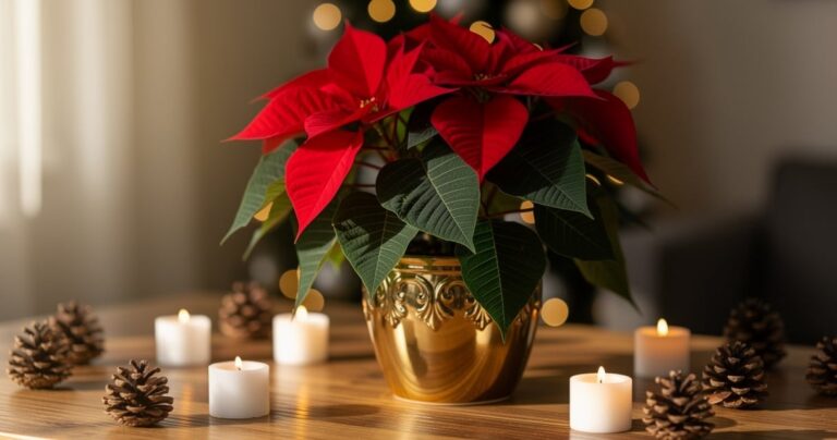 Poinsettia rouge en pot doré sur une table de Noël avec bougies et pommes de pin
