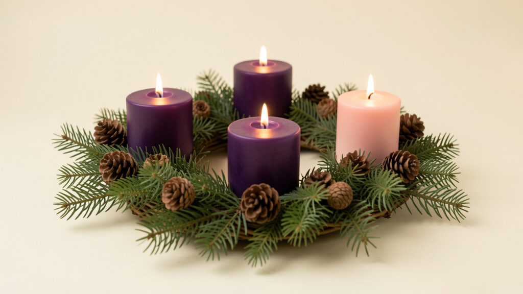 Couronne de l’Avent sobre avec quatre bougies, trois violettes et une rose, entourées de branches de sapin et de pommes de pin, dont une est allumée.
