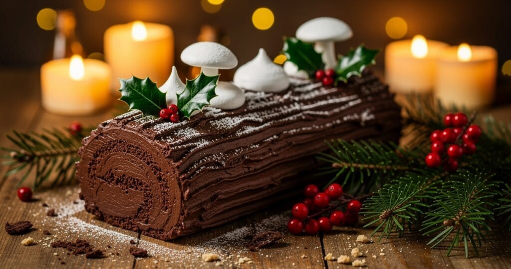Bûche de Noël traditionnelle au chocolat avec décoration de meringues et de houx sur table de Noël