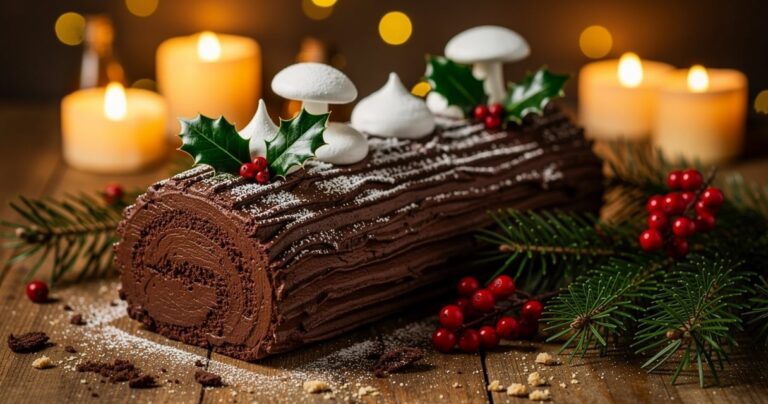 Bûche de Noël traditionnelle au chocolat avec décoration de meringues et de houx sur table de Noël