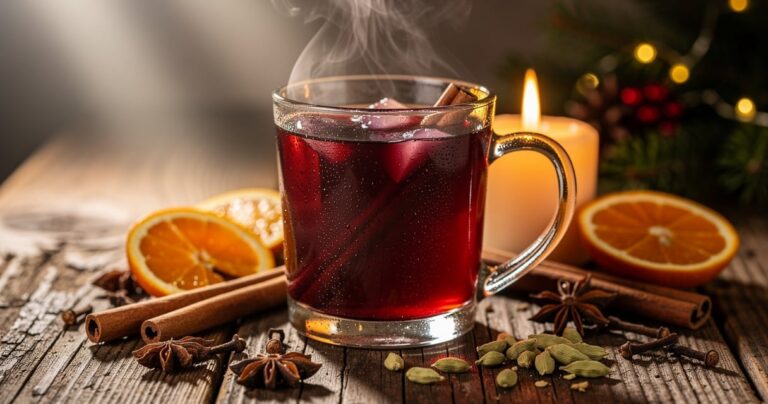 Verre fumant de vin chaud de Noël maison avec cannelle, badiane et orange sur table en bois