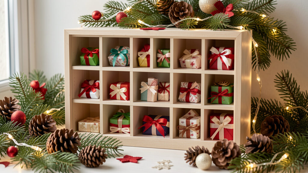 Calendrier de l’Avent décoratif avec plusieurs compartiments ouverts, des petites surprises emballées, des branches de sapin, des pommes de pin et des lumières chaleureuses.