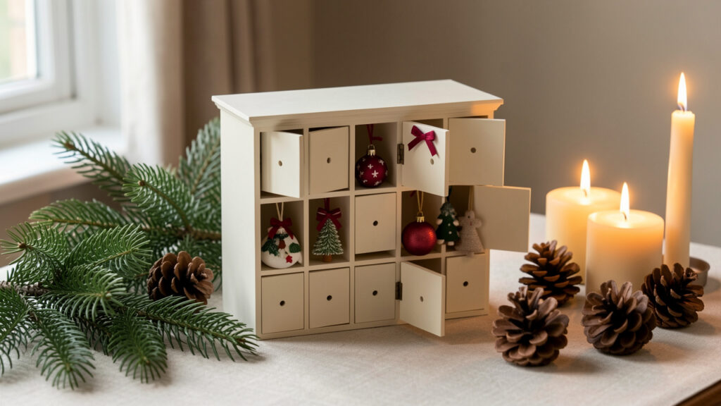 Décoration de calendrier de l’Avent aux tons crème, vert profond et bordeaux, entourée de branches de sapin et de pommes de pin.