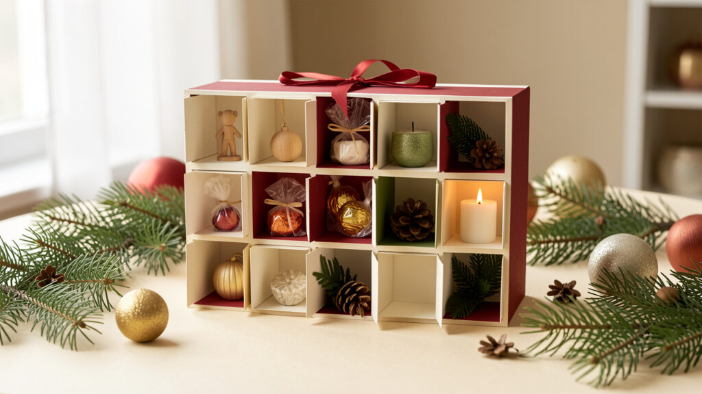 Calendrier de l’Avent en papier aux tons crème, rouge, vert et doré, avec plusieurs petites surprises décoratives disposées sur une table entourée de branches de pin.