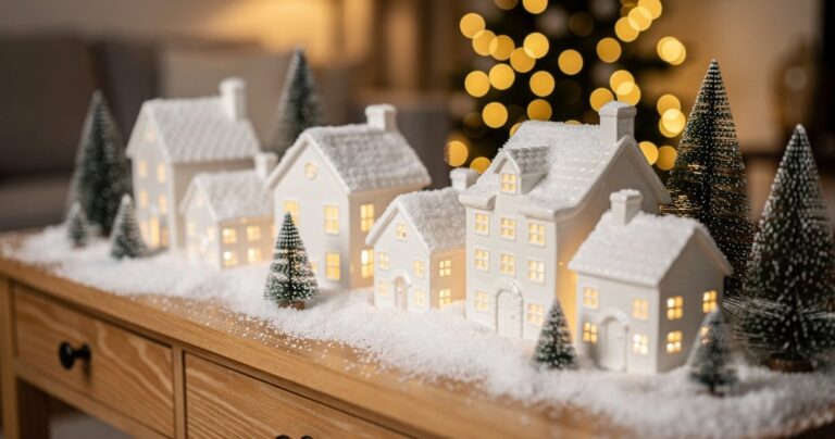 Village de Noël en céramique avec maisonnettes blanches éclairées et neige artificielle sur une console